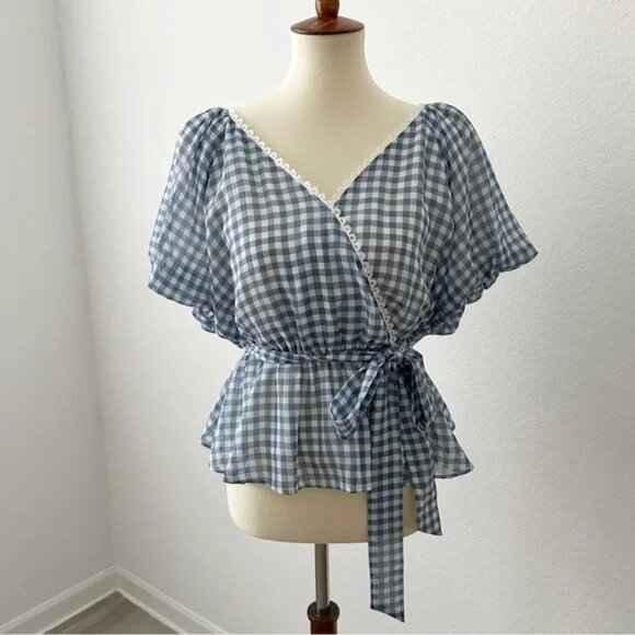 Vici Blue Gingham V-Neck Faux Wrap Top Size M - Picture 1 of 9